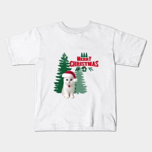 White Cat with Christmas tree Merry Christmas Kids T-Shirt